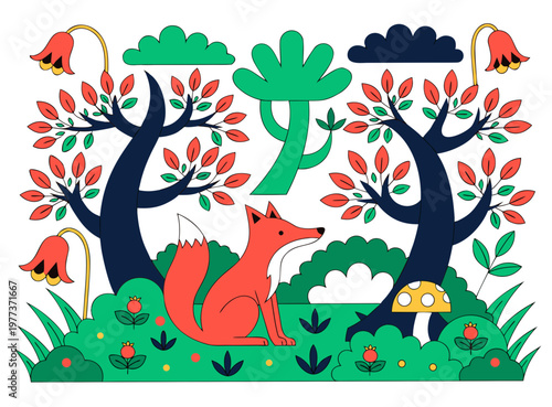 Nature landscape. Coniferous forest clearing scenery. Fir, spruce trees, grass in woodland. Conifer countryside, sky and clouds. Flat vector illustration isolated on white background