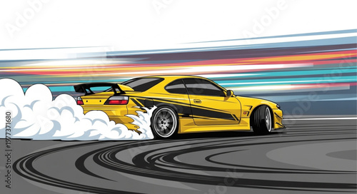 Yellow sports car performing a drift with smoke and tire marks.