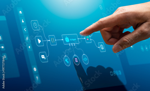 Obraz na plátne Hand pointing at digital workflow interface with AI agent node, process flow dia