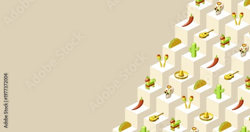 Cinco de mayo themed title page with isometric icons and geometric background