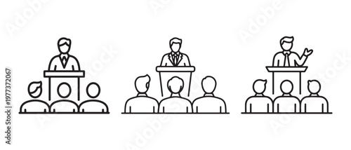Presentation icons. Speaker at podium addressing audience, conference, meeting, lecture, public speaking line art.