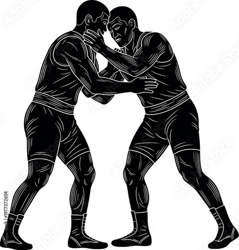 Ancient greek wrestling scene a black and white silhouette depicting intense physical combat and athleticism