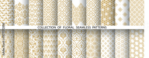 Geometric floral set of seamless patterns. White and golden vector backgrounds. Damask graphic ornaments