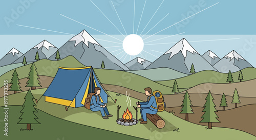 Two Campers Enjoying a Campfire Near Tent and Mountains in Nature