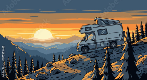 Stylized Campervan on Hillside at Sunset, Adventure and Travel Concept