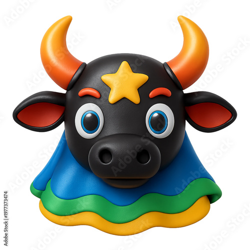 3D Bumba Meu Boi head icon on transparent background, Brazilian folklore bull mascot, PNG isolated