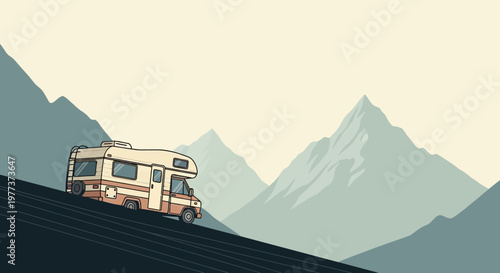 Retro Campervan Illustration Driving Uphill with Beige and Brown Colors