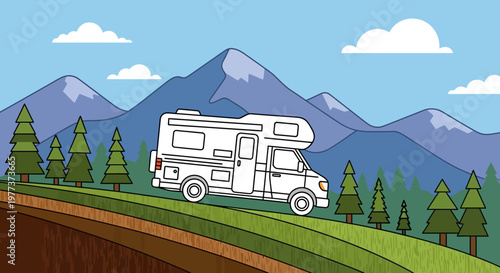 White Campervan Illustration Driving on Green Hillside with Trees
