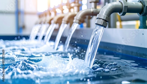 Faucets continually streaming into a tank of clear, bright water, with many splashes and bubbles are captured close-up