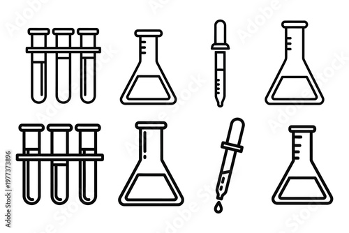 Laboratory glassware collection test tubes beakers and pipettes in black and white
