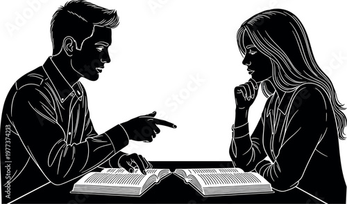 A black and white illustration depicts a man and woman in a tense conversation facing each other with strong gestures