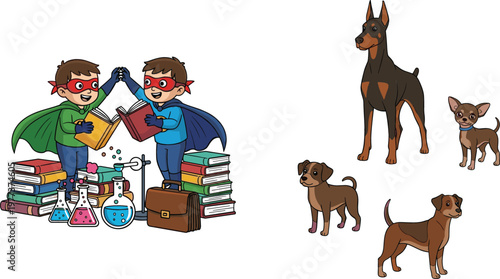 Superhero kids performing science experiments with books laboratory equipment and dog breeds collection cartoon vector illustration for education concept