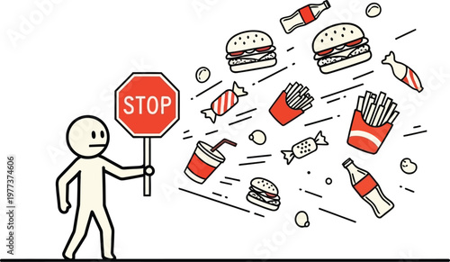 A stick figure holding a stop sign to block a variety of unhealthy fast food and sugary snacks