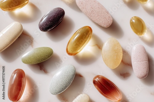 A variety of vitamins and supplements are arranged on a light surface. The scene captures different shapes and colors of capsules, highlighting health-focused items