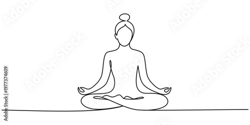Single line drawing of a woman sitting in a lotus position practicing yoga and meditation