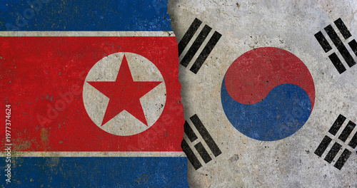 North Korea and South Korea flags confrontation on grunge wall texture background