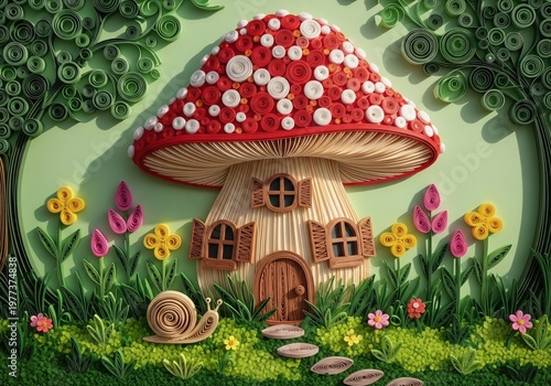 Paper quilling art of red mushroom house with small windows snail and bright summer flowers