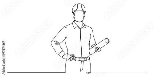 Continuous line drawing of a construction worker wearing a safety helmet and holding a blueprint