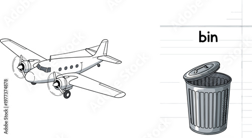 Vintage airplane outline drawing with trash bin illustration and word label educational object vector design for learning and vocabulary concept