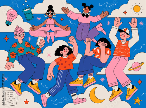 Dreaming hopeful smiling people floating in clouds set. Happy dreamy characters dream, imagine, making wish, daydreaming. Men and women dreamers with hopes, thoughts, ideas. Flat vector illustration