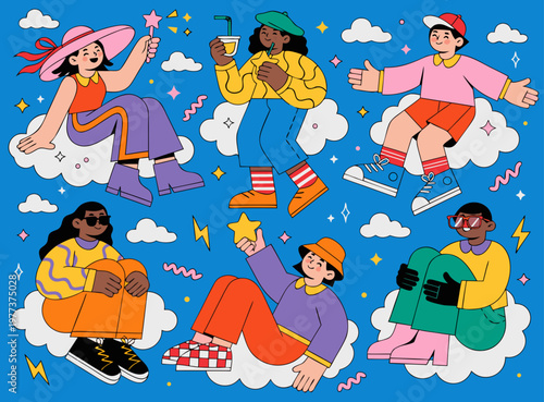 Dreaming hopeful smiling people floating in clouds set. Happy dreamy characters dream, imagine, making wish, daydreaming. Men and women dreamers with hopes, thoughts, ideas. Flat vector illustration