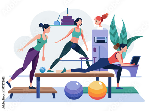 Pilates girls set. Women training, doing exercises, stretching. Fitness with reformer machines, simulators, balls, on mat. Healthy body workout. Flat vector illustration isolated on white background