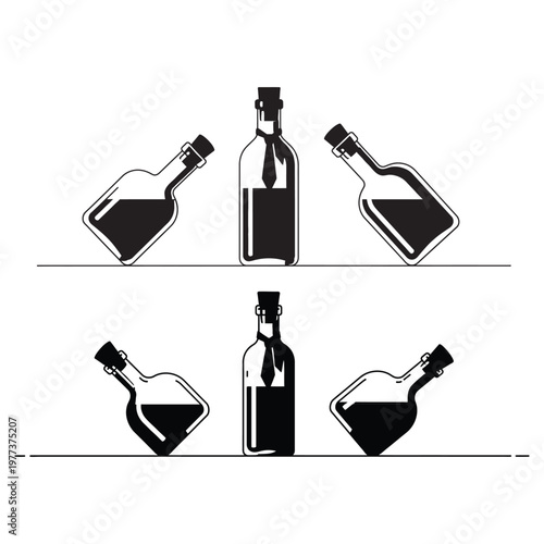 Black and white illustration of four bottles with liquid minimalist design