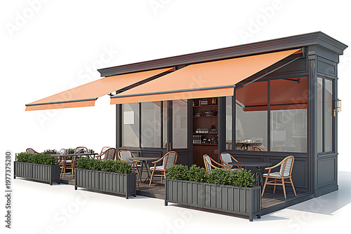 Charming Outdoor Café 3D Render with Peach Awning on White Background, Modern Restaurant Design