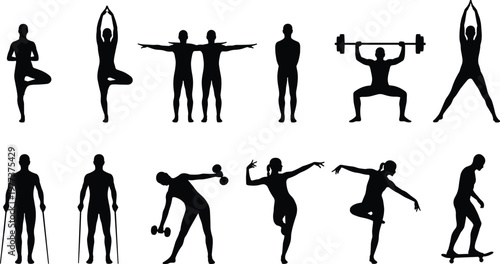 Human silhouette collection fitness yoga dance rehabilitation sports activities poses vector set isolated black figures on white background for health lifestyle design