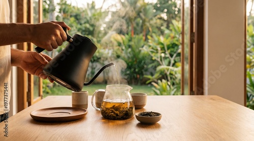 A close-up shot of a person pouring steaming water from a matte black gooseneck kettle into a glass teapot filled with loose leaves on a wooden table.