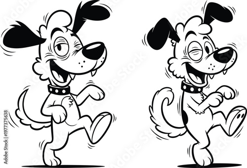 Cartoon vector illustration of two happy dogs dancing with joyful expressions illustration celebration movement energetic companions character excitement