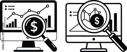 Vector illustration of computers displaying financial charts and graphs with magnifying glass computers analysis illustration investment business progress