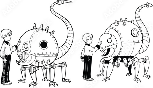 Children interacting with robots in a playful setting white background line art children interacting illustration futuristic technology childhood