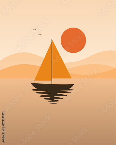 Golden sailboat glides calm waters. Sun sets behind gentle, rolling hills. Two birds soar above the horizon. Silhouetted hull reflects on rippling surface. Warm tones evoke peace and solitude