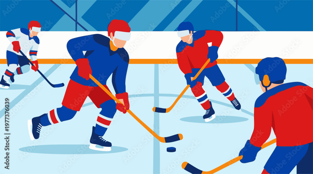 Obraz premium Ice Hockey Players on the Rink During a Game, Flat Vector Illustration