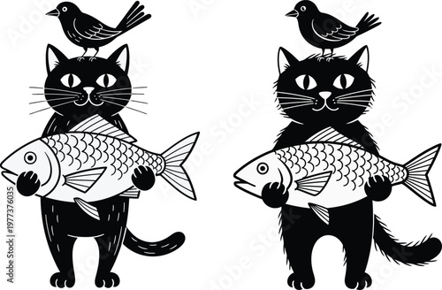 Black cat holding a large fish with a bird perched on its head domestic animal wild animal line art whimsical illustration silhouette humorous creature