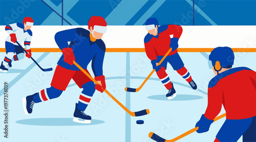 Photography Ice Hockey Players on the Rink During a Game, Flat Vector Illustration