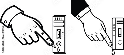 Hand pressing button on a device a blood drop entering a test strip medical test line art diagnostic biotechnology healthcare illustration