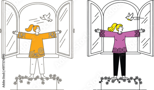 Two women with arms outstretched in doorways enjoying the fresh air one with a bird flying overhead line art open window greeting outdoors silhouette