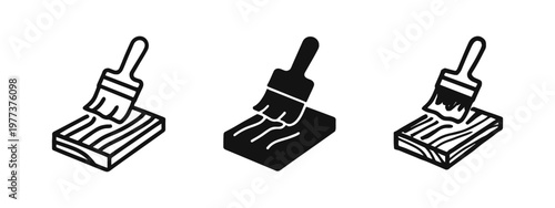 Painting wood with brush icon set showing varnish, stain, or coat application in outline, solid, and sketch styles