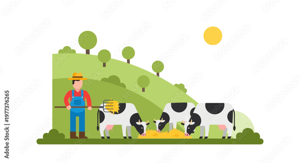 Fototapeta premium Flat Illustration of Cows Grazing on Hay in a Field
