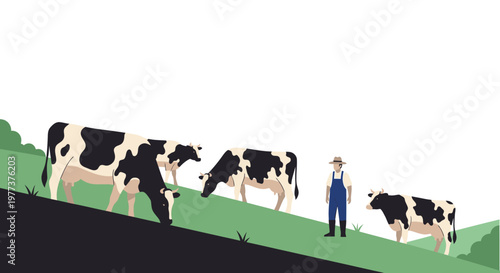 Vector Illustration of Cows Grazing on a Green Hillside with Farmer