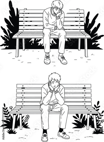 Depressed person sitting alone on a park bench feeling sad and isolated public park line art mental health illustration silhouette solitude melancholy