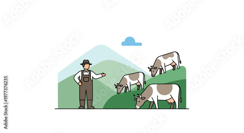 Farmer Presenting Cows on a Green Hillside, Simple Vector Illustration