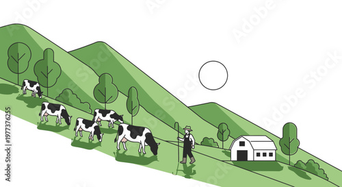 Black and White Cows Grazing on Green Hillside in Simple Illustration