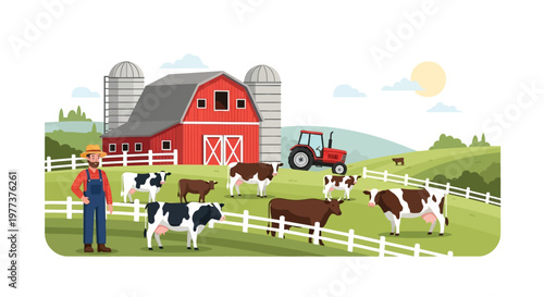 Cartoon Cows Grazing in a Green Pasture with White Fences, Dairy Farm Animals.