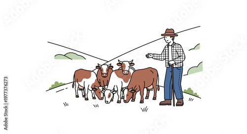 Group of Cows with Farmer in a Simple, Illustrated Style