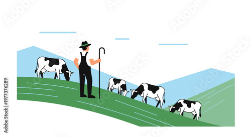 Farmer with Shepherd's Crook Watching Cows Grazing on Green Hillside