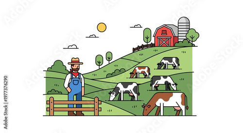 Vector Illustration of a Farmer Standing Near a Wooden Fence, Watching Cows