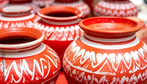 Cultural Bengali pottery with white alpana designs to celebrate Bengali New Year Poila Baisakh
